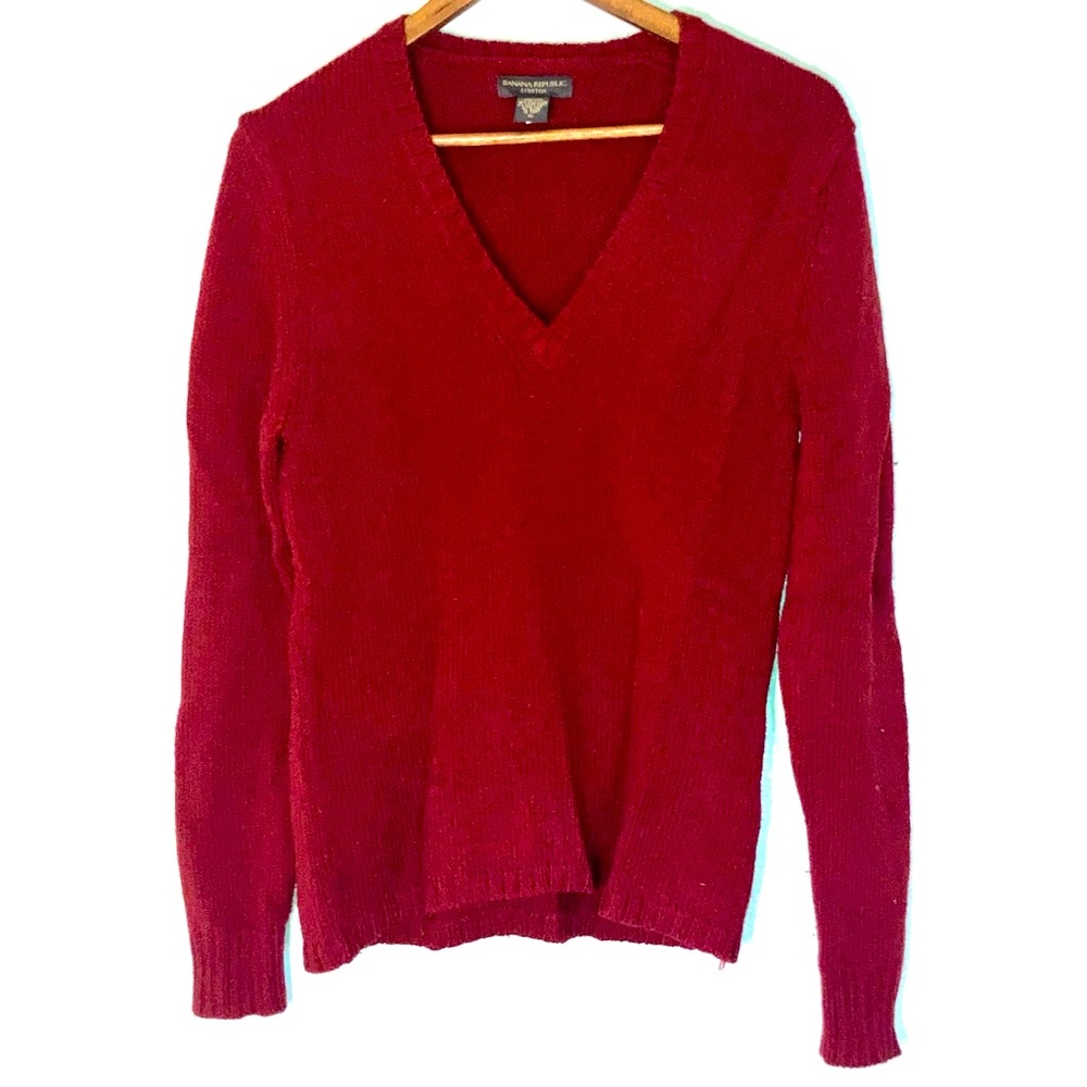 Banana Republic Stretch Red Knit Wool Blend V-Neck Sweater Size XL
